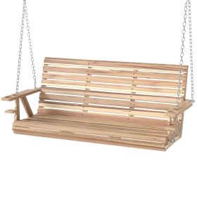 Outsunny 3-Seater Swing Bench, Wooden Porch Swing with Cupholders, Hanging Chains for Patio Garden, Nature Wood