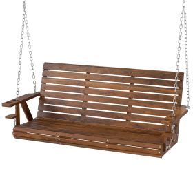 Outsunny 3-Seater Swing Bench, Wooden Porch Swing with Cupholders, Hanging Chains for Patio Garden, Carbonized