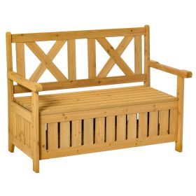Outsunny Wooden Outdoor Storage Bench 2-Person Backyard Patio Bench with Louvered Side Panels & Wood Build, Waterproof Frame, Yellow