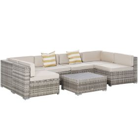 Outsunny 7-Piece Patio Furniture Sets, Outdoor Wicker Conversation Sets, All Weather PE Rattan Sofa Set with Cushions & Slat Plastic Wood Table,