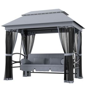 Outsunny 3-Seat Patio Swing Chair with Double Tier Canopy, Porch Swing Chair with Stand, Mesh Sidewalls, Cushioned Seat and Pillows, Gray