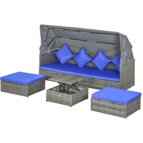 Outsunny Adjustable Canopy Rattan Sofa Set 4PC w Height Adjustable Table Cushions Dark Blue