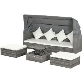 Outsunny Outdoor Rattan Sofa Set 4-Piece with Retractable Canopy Wicker Sectional Height Adjustable Table Cushions Cream